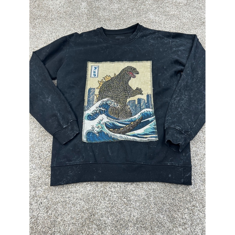 Godzilla Tapestry Patch Sweatshirt Mens Medium Black Mineral Wash  #0597